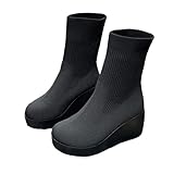 Schwarze Herrenschuhe 2024 Damen-Strick-Bequeme-Socken-Stiefel-Schuhe mit runder Spitze Keilabsatz Mittelkalb-Stiefel modisch einfarbig Streetwear klassische Stiefel L-518 Black 40.5