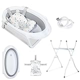 Hebitod Baby Badewanne mit Gestell faltbare Babywanne Baby Wanne platzsparend, Babybadewanne mit Badekissen, Ablaufschlauch, Temperaturanzeige Wasserstopfen, stabile faltbare Badewanne Grau