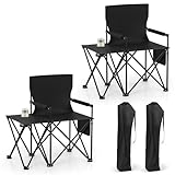 COSTWAY Campingstuhl faltbar 2er Set, Klappstuhl mit Seitentisch, Becherhalter & Seitentasche, klappbarer Angelstuhl mit gepolsterten Armlehnen, 150 kg Tragfähigkeit, Faltstuhl für Camping, Schwarz