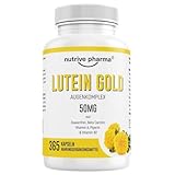 Lutein 50mg mit Zeaxanthin, Beta Carotin, Vitamin A & B2, Piperin | 365 Kapseln | Augengesundheit & Blaulicht-Schutz | Gentechnik- & glutenfrei | von nutrive pharma