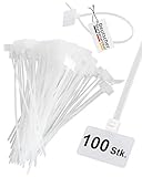 tsnetworks 100 Stk. Kabelbinder mit Beschriftungsfeld quer 2,5 cm x 1,5 cm, Länge 21 cm, transparent, für Rohrbeschriftung, Kabelmarkierung, Schlauchmarkierung