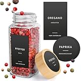 Happy Lemuro Gewürzetiketten selbstklebend [240 Stück] Gewürzaufkleber auf Deutsch, Gewürzgläser Etiketten und Stift - wasserfest - Gewürzetiketten rund & eckig - schwarz - Aufkleber für Gewürzgläser