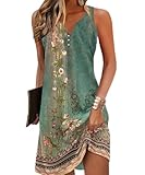 Yeenily Damen Bohemian Ärmellos Kleid V-Ausschnitt Blumenmuster Tunikakleider A Linien Lose Lässiges MiniKleid Freizeitkleid(Ärmellos Grün,L)