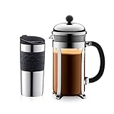 Bodum K11068-01 Set aus Chambord Kaffeebereiter 8 Tassen und Travel Mug Becher, 0,35 l, Edelstahl mit Silikonring, Schwarz