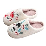 Damen Weihnachten Memory Foam Hausschuhe Weiß Fleece Gefüttert Haus Schuhe mit Urlaub Stickerei Rutschfeste Gummisohle Indoor Outdoor Winter Komfort Schuhe