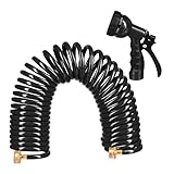 Relaxdays Spiralschlauch Wasser, bis 10 m ausziehbar, flexibler Gartenschlauch mit Wasserbrause, 7 Strahlarten, schwarz