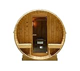 SANOTECHNIK Außensauna BERGEN – Fasssauna für 4–6 Personen 194,8×220×191,5 cm, Harvia 8 kW Ofen, Fichtenholz, ESG‑Glas – Art.Nr. F70220
