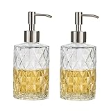 2er Pack 340 ml Glas Seifenspender für Küche, Bad - Klarem Glasspender mit 304 Edelstahl Pumpe, für Geschirrspülmittel, ätherisches Öl, Flüssigseifen (Transparent)