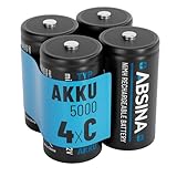 ABSINA 4X Batterien C Baby LR 14 wiederaufladbar 5000 mit geringer Selbstentladung - C Batterien Akku NiMH mit min. 4500mAh & 1,2V - Baby C Akku, Baby Batterien, Batterien Baby C, Batterie C LR14