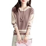 Damen-Kapuzenpullover, Strickoberteil, Patchwork, Kordelzug, Strickpullover, hellbraun, XXL