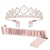 JJiaoLinin Geburtstagskrone Schärpe,Krone Schärpe mit Birthday Queen Glitter Kristall Dekor Stirnband Tiara Königin Prinzessin Diadem Haar-Zusätze für Alles Gute zum Geburtstag Partyzubehör