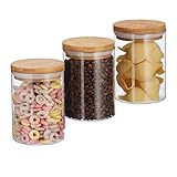 Relaxdays Vorratsdosen Glas, 3er Set, für Pasta, Reis, Müsli, Kaffeebohnen, Volumen 600 ml, HxD 14x9,5 cm, , natur, Transparent, Hellbraun