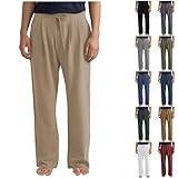Leinen-Hose mit geradem Bein, Herren-Strand-Yogahose, Leinen, Stretch und bequeme Hose, lässig, leichte Hose, einfarbig, lockere Passform, weiche und klassische Hose mit Kordelzug für Herren, blau