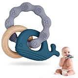 Vicloon Beißring Baby, Beißspielzeug Zahnungshilfe aus Silikon & Holz, BPA-frei, Waltierform, Zahnen Nursing Zubehör für ab 3 Monaten Babys, Mädchen Junge Geschenk (Wal-Blau)