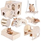 Vegena Hamster Spielzeug, Hamster Haus, 7 Stück DIY Hamster Kauspielzeug aus Holz, Meerschweinchen Spielzeug Glockenrolle Brücke Wippe Schaukel Hamster Zubehör für Rennmäuse Zwerghamster Chinchillas