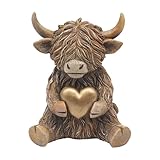 Lesser & Pavey Happy Highland Cow Highland Cow Herz aus Gold Dekofiguren und Ornamente für Wohnzimmer und Büro, Deko-Accessoires, Statuen für drinnen und draußen, schöne Geschenke für Damen und Herren