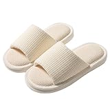 AioTio Damen Hausschuhe aus Baumwolle und Leinen Hausschuhe Bequem Weich Memory-Baumwoll Pantoffeln Rutschfest Hausschuhen für Drinnen(Beige,38/39 EU)