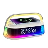 Radiowecker mit Bluetooth-Lautsprecher, 15 W, kabelloser Ladewecker, Nachttisch, dimmbares LED-Display, einstellbare Lautstärke, Uhr mit Typ-C-Anschluss, 1800 mAh Akku