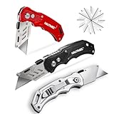 HAUTMEC 3er-Set Klappbares Universalmesser – Aluminium Cuttermesser mit Schnellwechselklinge, Sicherheitsverschluss & ergonomischem Griff, inkl. 15 SK5 Ersatzklingen – HT0429