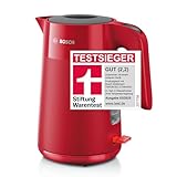 Bosch kabelloser Wasserkocher MyMoment TWK2M164, Abschaltautomatik, Überhitzungsschutz, Tassenanzeige, entnehmbarer Kalkfilter, Trockengehschutz, Dampfstopp-Automatik, 1,7 L, 2400 W, Rot matt