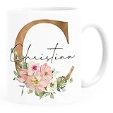 SpecialMe® Kaffee-Tasse mit Namen personalisiert Anfangsbuchstabe Initiale Monogram Blumen persönliche Geschenke weiß Keramik-Tasse