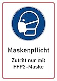 Schild FFP2 Maskenpflicht Hinweisschild in A4 als wiederablösbarer Aufkleber, geeignet für alle ebenen und glatten Untergründe. Professionelles FFP2 Mundschutz Schild als Hinweisschild