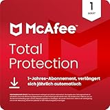 McAfee Total Protection 2025 (1 Gerät) | Virenschutz, VPN, Betrugsschutz, Sicherheitssoftware, Identitätsüberwachung | 1-Jahres-Abonnement mit automatischer Verlängerung | Download