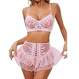 Satohom Dessous Sets Damen Sexy Unterwäsche Outfits 3 Stück Transparent Babydoll Curvy Lingerie Set Spitzen Push Up BH Mini Mesh Rock Durchsichtig Slips Frauen Lace Valentinstag Reizwäsche