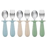 PandaEar 6 Stück Kinderbesteck| Silikongriff Edelstahl Kindergeschirr Set | Baby Besteck Esslernbesteck ab 1 jahr | Kinder Löffel und Gabel Set für Baby Kleinkind (Blaues Grünes Braun)