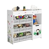 HOCSOK Spielzeugregal Kinderregal mit 9 Aufbewahrungsboxen Spielzeug-Organizer Viel Stauraum Bücherregal Kinderzimmer Holz Weiß 90 x 80 x 29,5 cm