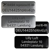 Flying-Drone Drohnen Plaketten-Set e-ID Kennzeichen Alu | Design EASA registriert 20×8 e-ID + 20×11mm Freitext-Schild | Lasergraviert feuerfest selbstklebend | für DJI Mini & alle Drohnen |