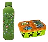 Theonoi Brotdose Set Minecraft Creeper Kinder Lunchbox Sandwichbox mit Unterteilung/Fächern und Trinkflasche Wasserflasche aus Stahl (Grün)