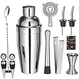 Cocktail Shaker, 10 Stück Edelstahl Cocktail Mix Set mit Rezeptbuch, 750 ML Premium Barkeeper Set für Zuhause, Bar