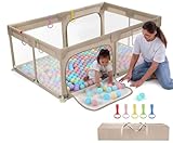 Dripex Laufgitter für Babys, Laufstall aus Leinenstoff, mit atmungsaktivem Netz, Spielgitter für Babys, 5 Laufgitterringe, 120 x 180 cm, Braun