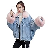 Winter Korean Lose Verdickte Plüschfutter Großer Pelzkragen Denim Stil Überwinden Damen Baumwolle Gepolsterter Mantel, Rosa Fellkragen, 32