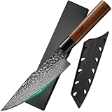 FULLHI Damaszener Stahl Japanisches Messer mit Scheide, geschmiedete gehämmerte Klinge Holzgriff Gyutou Filetier Kochmesser Küchenmesser mit Box für Kochen, Camping BBQ (18,6cm Kochmesser)