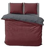 one-home Winter Bettwäsche Biber Meliert Baumwolle Flanell Kuschelig Flauschig Warm Weich Modern, Größe:3 teilig 200x220 cm, Farbe:Bordeaux/anthrazit