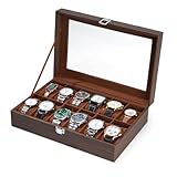 Ohuhu Uhrenbox mit 12 Fächern, Uhrenkasten Uhren Aufbewahrungsbox mit Glasdeckel, Uhrenbox 12 Uhren aus PU Leder und Samt Innenfutter, Watch Box Geschenk für Geschenk für Boyfriend Ehemann