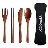 Holzbesteck-Set, 4-teilig, wiederverwendbar, Besteck im japanischen Stil, mit 1 x Löffel, 1 x Gabel, 1 x Essstäbchen, 1 x Holzmesser mit Tasche, Reisebesteck für Küche/Zuhause/Büro