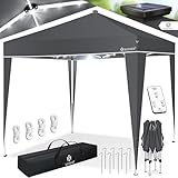 KESSER® Pavillon Faltpavillon 3x3m mit LED Beleuchtung Solar Fernbedienung | Gartenzelt Höhenverstellbar & Wasserdicht + Tasche Bodenanker | Pop-Up Klicksystem UV-Schutz 50+ Partyzelt, Farbe:Anthrazit