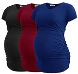 Smallshow Damen Umstandstop V Hals Schwangerschaft Seite Geraffte Umstandskleidung Tops T Shirt 3 Pack,Black-Navy-Wine,M