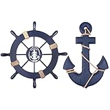 Meching Fangoo 2 Stück 28 cm Holzboot-Räder und 33 cm Holzanker mit Seil, nautisches Steuerrad zur Wanddekoration, zum Aufhängen an der Tür