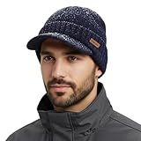 TOP-EX Herren mütze Merino Wollmütze Damen Beanie mit Schirm Wintermütze Warm Strickmütze mit Fleecefutter hat Wasserdicht Winddicht Wolle hat Fahrrad Ski Outdoor große Köpfe M L Marineblau