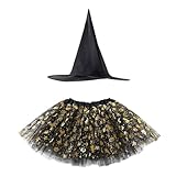 Moggemol Kostüm Für Mädchen Hexe Halloween Tutu Rock Aus Maschenstoff Schichten Bedrucktes Kleid Mit Spinnenmuster Mit Hexenhut Karnevalskostüm Cosplay Party Gold Einheitsgröße