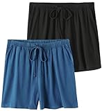 Knuffnee Damen Schlafanzughose Kurz Weiche Pyjama Shorts Pyjamahose mit Taschen und Kordelzug 2er Pack Schwarz/Blau S