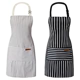 LoNinLoAn 2 Stück küchenschürze, Baumwolle Leinen Kochschürze, Wasserdicht Verstellbare Schürze mit 2 Taschen Damen und Männer zum Kochen Backen Malen Hausarbeiten (Schwarz, Grau)