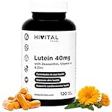 Lutein 40 mg. 120 vegane Kapseln für 4 Monate. Natürlicher Ringelblumenblütenextrakt mit 40 mg reinem Lutein, 8 mg Zeaxanthin, Vitamin A und Zink. Hergestellt von HIVITAL