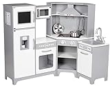 Amazon Basics hölzerne Eckküche für Kinder, Spielset mit interaktiven Türen, Knöpfen und Lichtern, 99 x 71 x 89 cm, Weiß/Grau