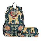 Amooorous Rucksack mit Vintage-Elefanten-Blumenmuster, für Schule und Mittagessen, Schulrucksack mit Lunchbox, Büchertasche, für Jungen von 9–10 Jahren, Blau, Blauer Vintage-Elefant mit Blumenmuster