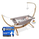 CHILDOO Baby Hängematte [QuickFix-Schlaufe] Babywiege Babybett Federwiege mit Gestell Kinderschaukel Babywippe für Kinderzimmer, Esszimmer, Wohnzimmer | Grau